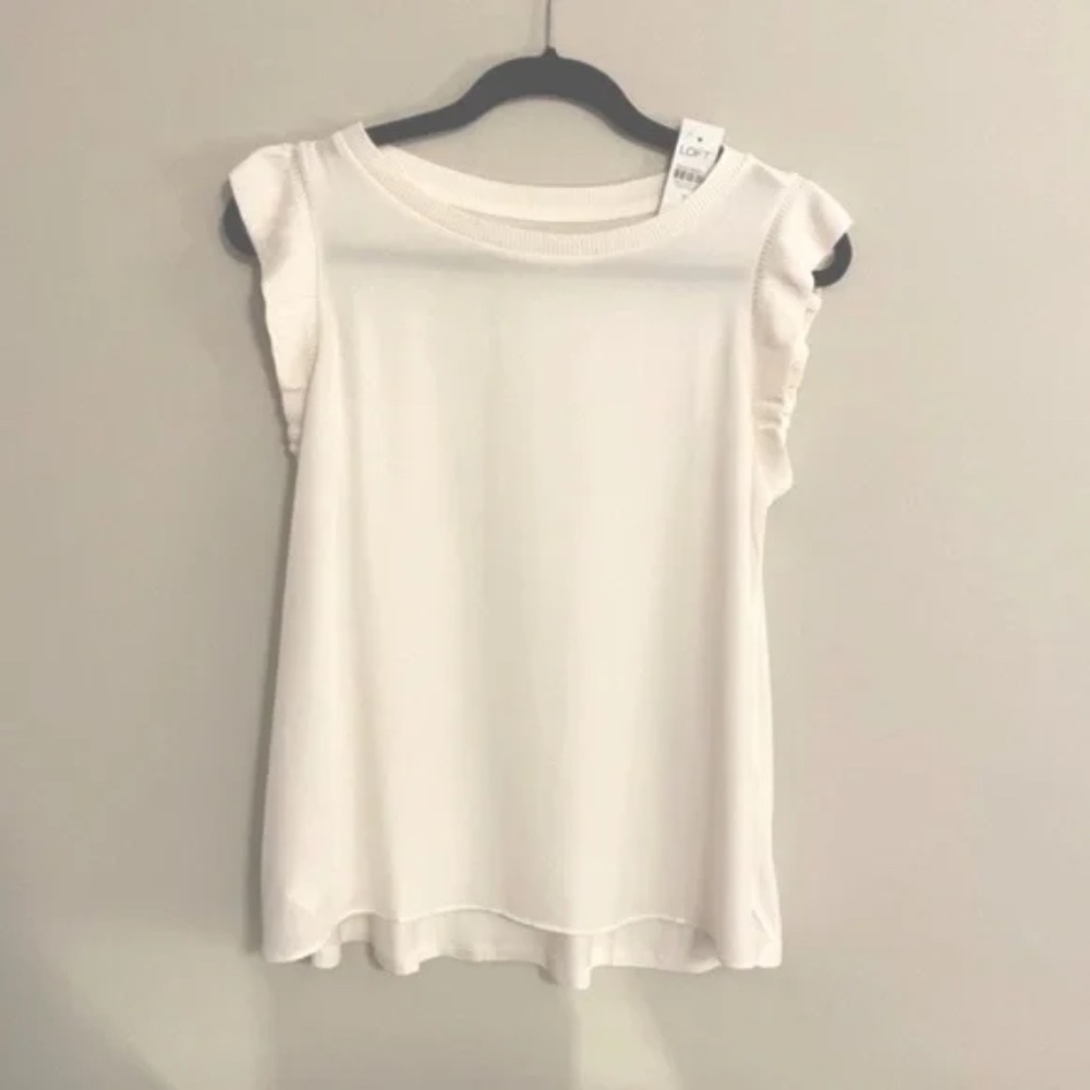 NWT LOFT Rib Trim Mixed Media Shell Top White